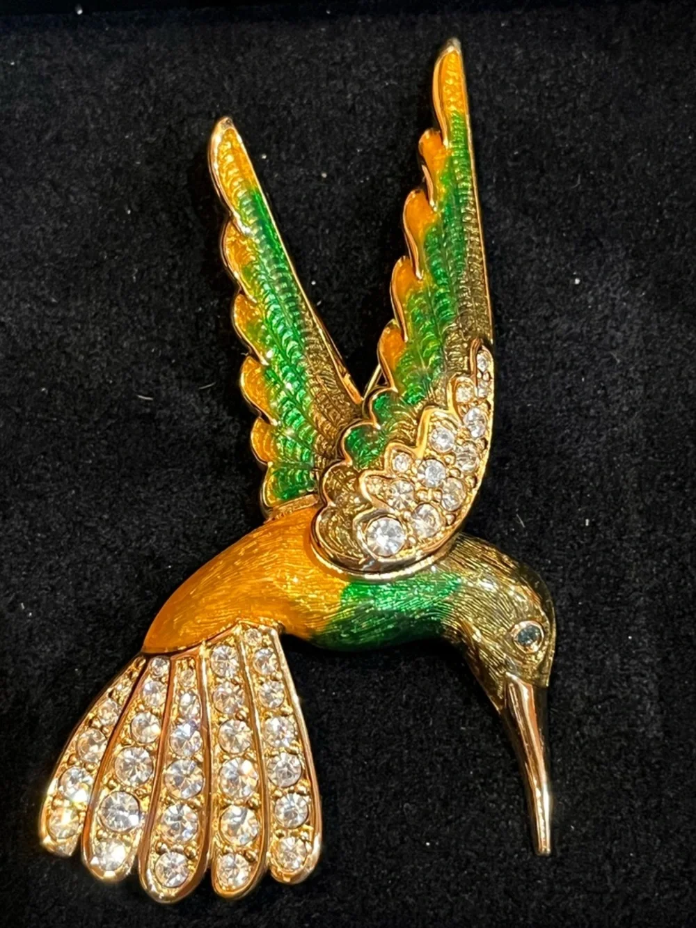 Swarovski Enamel Hummingbird Brooch - Pave Crystal Figural Bird Pin - Signed